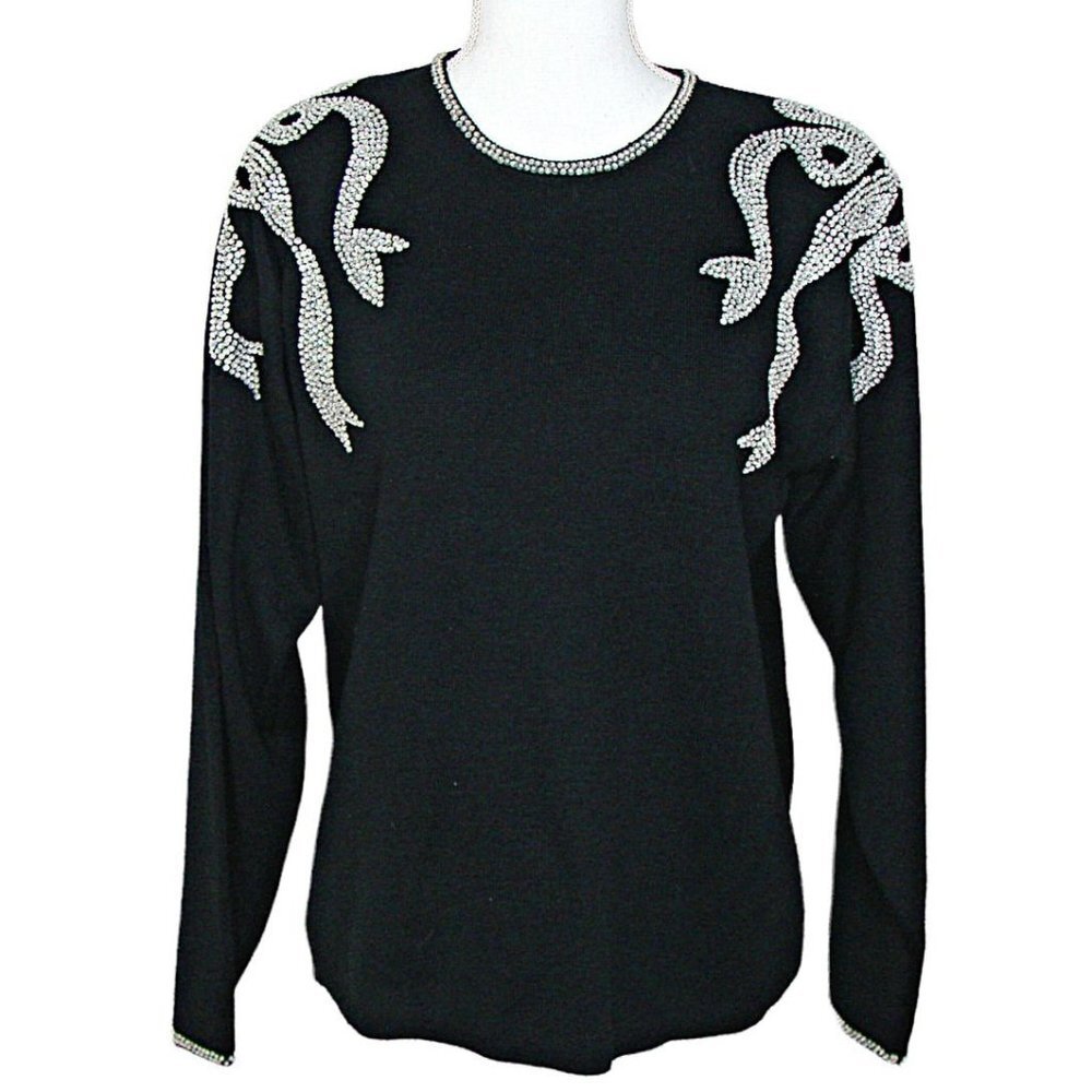 Womens Vintage Y2k Regency Collection Rhinestones Bow Black Classy Sweater Sz L
